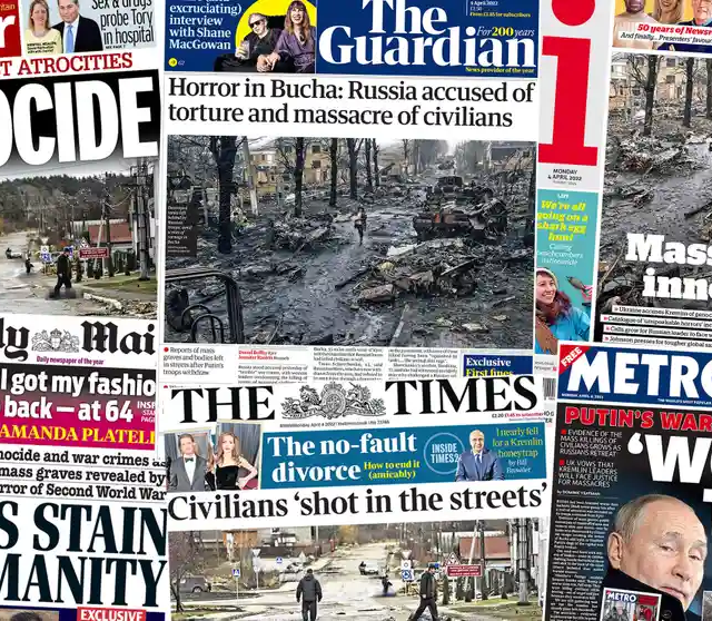 UK Newspaper headlines of Bucha Massacre