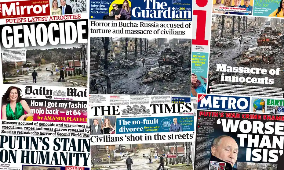 UK Newspaper headlines of Bucha Massacre